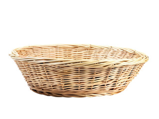 A basket made of straw sits on a white background