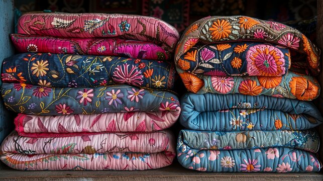 A snapshot of women in rural Bangladesh hand-stitching traditional nakshi kantha quilts, depicting folktales and mythology. Abstract Backgrounds Illustration, Minimalism,