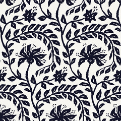 Monochrome black and white brush strokes inky flowers and leaves seamless pattern. Abstract floral contemporary background.