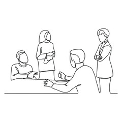 One continuous line drawing of Business people are discussing and presenting their business in front of their clients. Business people activity in simple continuous line style concept design vector.