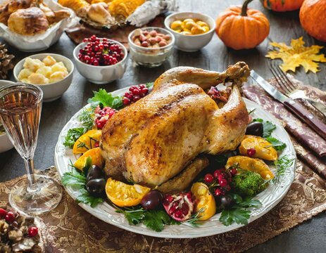 thanksgiving essen mit Truthahn auf einem reich gedeckten Tisch 