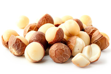 Close-up of shelled and unshelled Macadamia nuts isolated on a white background, showcasing their texture