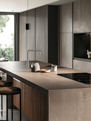 Minimalist and Modern Kitchen Room Interior Design with island. Wooden and black colors. Luxury apartment and architecture. Big windows. Nobody