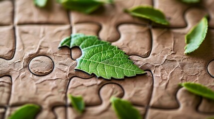 A jigsaw puzzle with a missing piece in the shape of a green leaf, emphasizing the importance of environmental awareness and the need for sustainable solutions.
