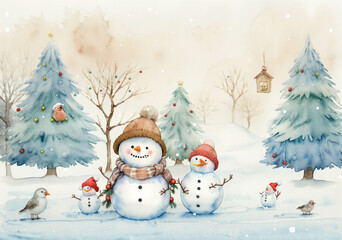 Obraz premium Watercolor Christmas Illustration, Snowmen and Birds on a Christmas Card, Festive and Whimsical