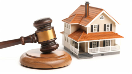 a small house model and wooden gavel isolated on white background. real estate court fight concept