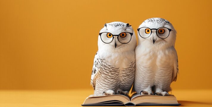 Two  funny white polar owls with glasses and a book on a yellow background. World Book Dae. Cute character for promotional products, banners, posters, postcards..National Book Lovers Day. Copy space.