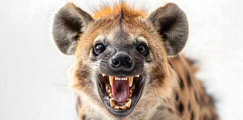 Fototapeta premium Closeup head shot of angry hyena face isolated on white background