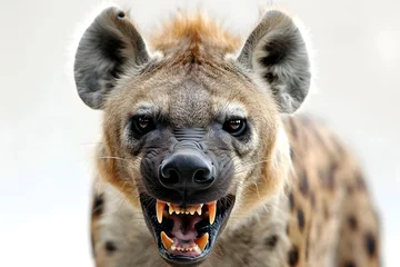 Fotobehang Closeup head shot of angry hyena face isolated on white background © Oksana