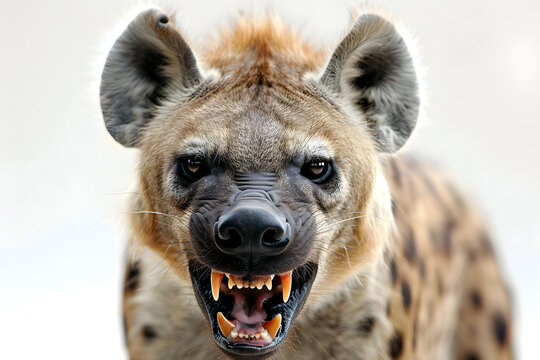 Closeup head shot of angry hyena face isolated on white background