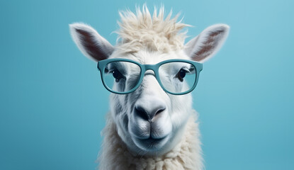 Closeup cute lama face in glasses isolated on white background