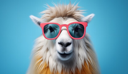 Closeup cute lama face in glasses isolated on white background