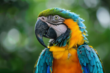 Obraz premium close up of colorful macaw parrot with blurred forest background