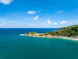 Fototapeta premium Amazing seascape view seashore and mountains, Aerial view of Tropical sea in the beautiful Phuket island Thailand, Travel and business tour website background concept