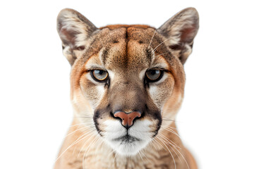 Closeup head shot of Puma face isolated on white background