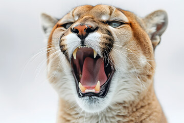 Obraz premium Closeup head shot of Puma face isolated on white background