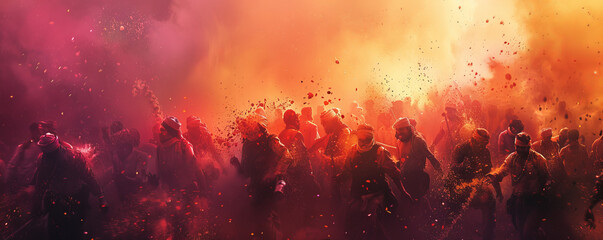 A Hindu Holi festival with people throwing colored powder and water at each other, celebrating the triumph of good over evil and the arrival of spring.