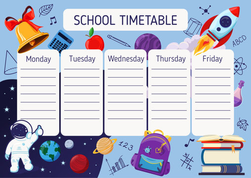 School Timetable poster template with sticker notes for subjects. Weekly planner or daily timetable of the week. Schedule organizer decorated with popular school stuff and symbols.