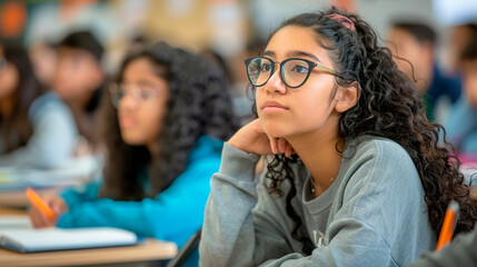 Obraz premium Young female student in glasses listens attentively to lecture by teacher in classroom