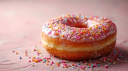 Close-up image of a doughnut with colorful sprinkles on a pink background, evoking sweetness