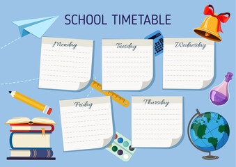 School Timetable poster template with sticker notes for subjects. Weekly planner or daily timetable of the week. Schedule organizer decorated with popular school stuff and symbols.