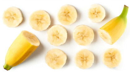 Banane Stücke teile set isoliert auf weißen Hintergrund, Freisteller, Draufsicht 