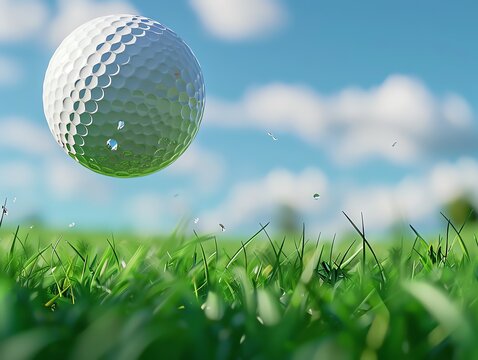 Golf ball in midair, tee shot, precise moment captured, scenic course, realistic photo, Full HD,