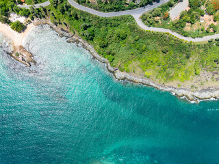Fototapeta premium Amazing seascape view seashore and mountains, Aerial view of Tropical sea in the beautiful Phuket island Thailand, Travel and business tour website background concept
