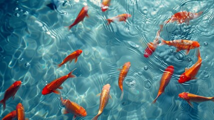 Aerial perspective of numerous goldfish swimming in a sunlit outdoor pond