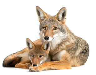 Fototapeta premium Kojote mit jungtier isoliert auf weißen Hintergrund, Freisteller