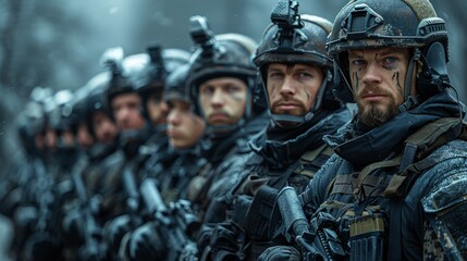 Fototapeta premium Soldiers in a row equipped with tactical gear, looking serious and combat-ready
