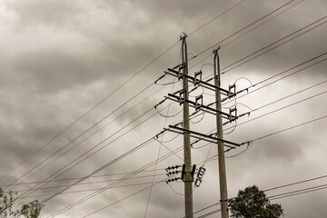 View of a big transmission tower against an overcast sky, in a farm near the colonial town of Villa de Leyva, in the eastern Andean mountains of central Colombia.