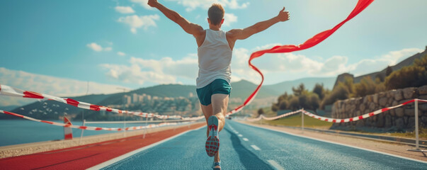 A runner crossing the finish line, their arms raised in victory.
