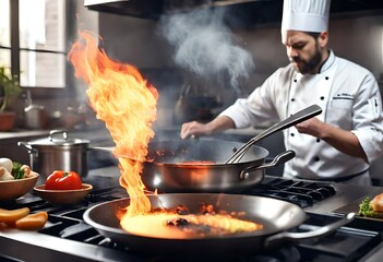 Master chef working in the kitchen, flames out of the pan in kitchen