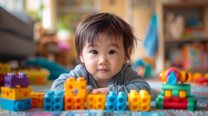 Fototapeta premium Adorable baby engaged in playtime, surrounded by vibrant building blocks, with a look of curiosity