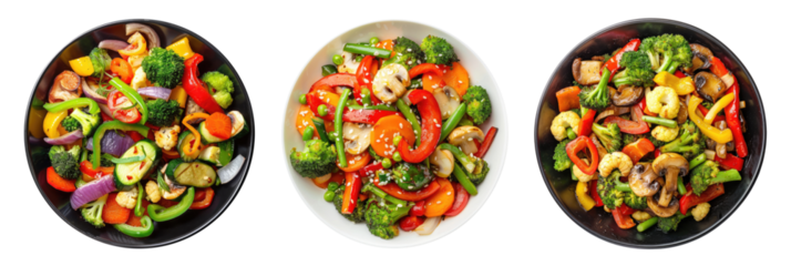 Three bowls with vegetables stir fry, vegetarian food, isolated on transparent background, top view