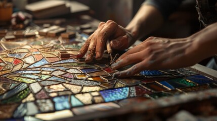 Naklejka premium Close-up of artisan hands creating a beautiful stained glass mosaic, showcasing the intricate details and vibrant colors of the artwork.