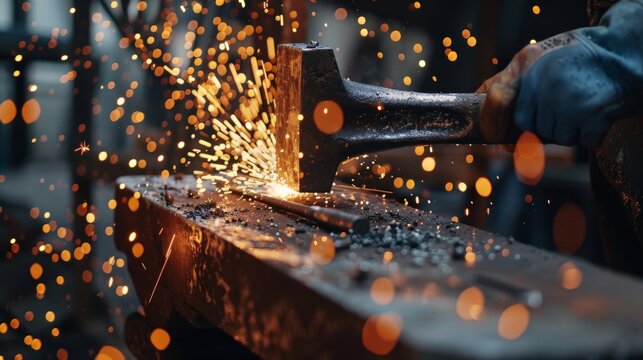 Close-up of blacksmith hammering hot metal on anvil, sparks flying around in workshop for forging craft and metalworking.