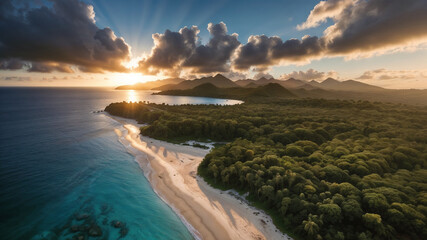 Obraz premium Heavenly Glimpse: Sunlit Tropics Under Stormy Skies
