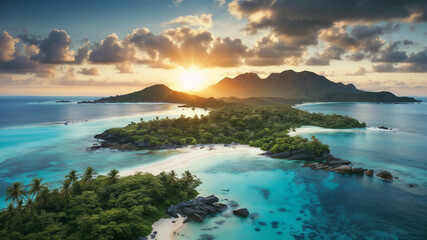 Obraz premium A bird's-eye view of a remote, tropical island paradise under a moody sky. Pristine white sand beaches stretch alongside lush, aquatic cosmopolitan tropical vegetation