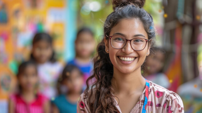Smiling young teacher with glasses standing in front of children in a lively, colorful classroom environment.