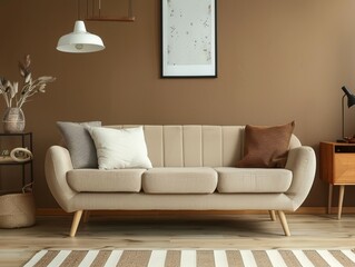 Scandinavian Inspired Living Room, Beige Sofa with Armrests and Coffee Table in Minimalist Design Featuring Natural Materials and Simple Shapes