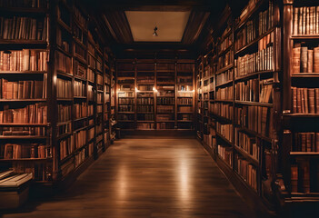 Obraz premium A dimly lit, elegant library with wooden bookshelves filled with books. The warm lighting creates a cozy and inviting atmosphere. Read a Book Day.