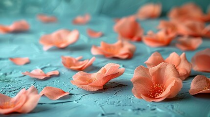 Delicate peach fuzz petals scattered on a vintage tabletop, symbolizing the fleeting beauty of bygone days. Abstract Backgrounds Illustration, Minimalism,