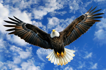 Obraz premium bald eagle flying with open wings, full body portrait photo against a blue sky background