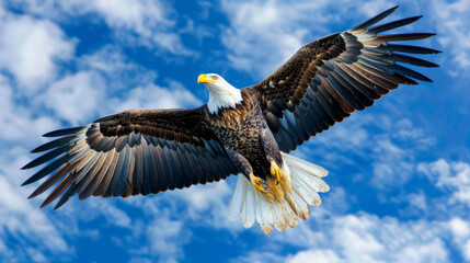 Fototapeta premium bald eagle flying with open wings, full body portrait photo against a blue sky background