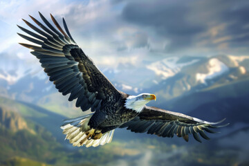 Obraz premium bald eagle flying with open wings, full body portrait photo against a blue sky background