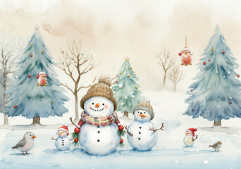 Fototapeta premium Snowmen in Knitted Hats, Cute Watercolor Christmas Illustration 