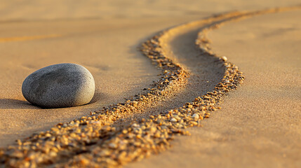 A curved line on the golden sand, with a smooth gray pebble
