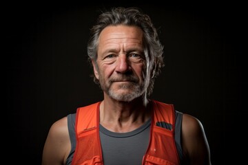 Portrait of a glad man in his 50s wearing a lightweight running vest while standing against bare...